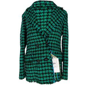 MSGM Houndstooth Double-Breasted Blazer in Green Cotton